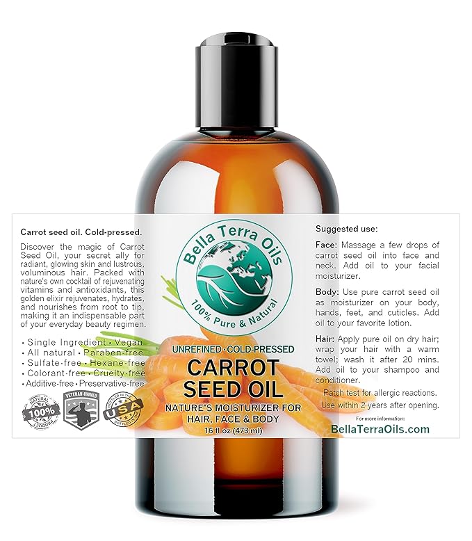Bella Terra Oils - Natural Carrot Seed Oil 16 oz - Pure Natural Carrot Essence, Offering the Best of Vitamin C & Omega Fatty Acids, The Beacon of Natural Skin Care