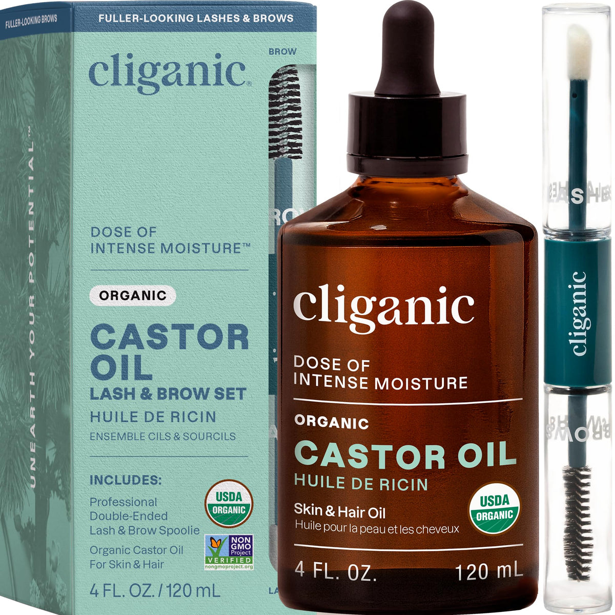Cliganic Castor Oil Organic Cold Pressed for Eyelashes, Eyebrows & Skin 4oz