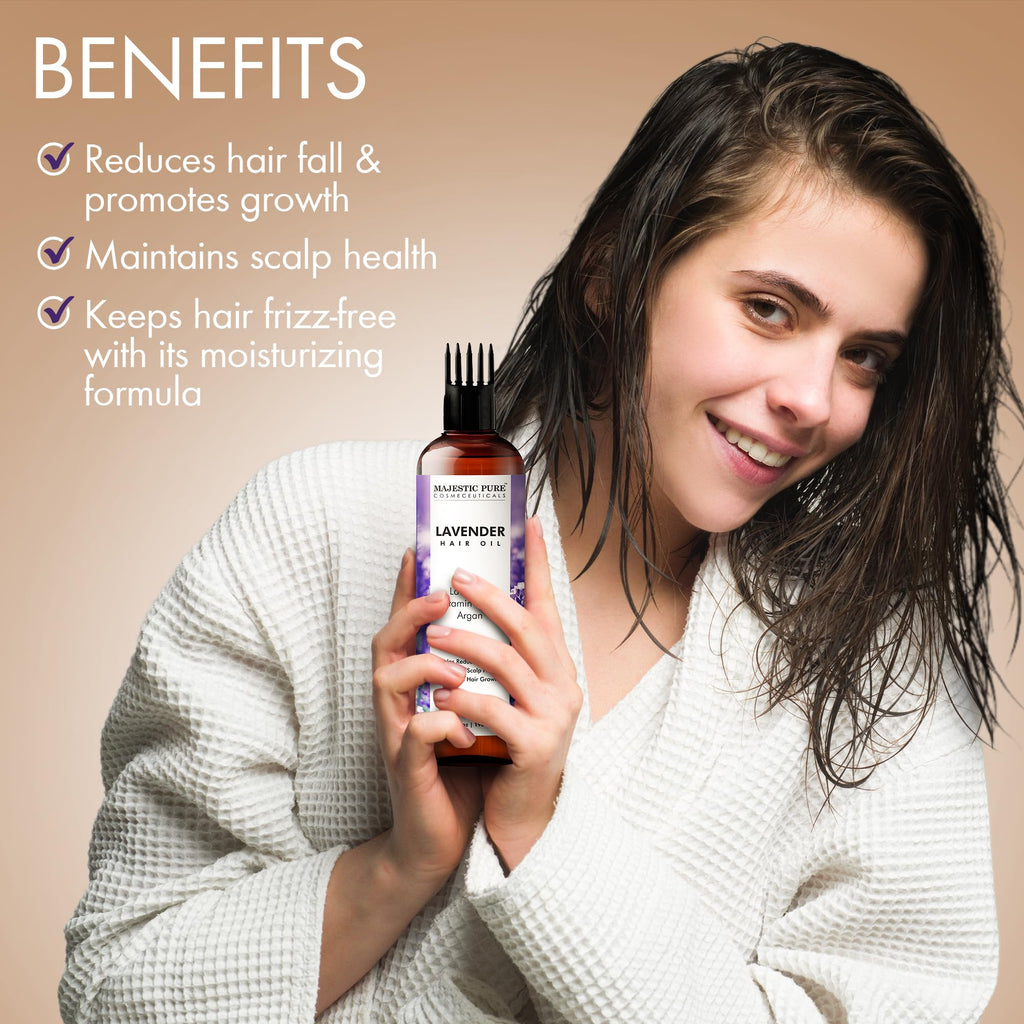 Majestic Pure 100% Pure Lavender Oil with Vitamin E for Hair Care, Strengthening, Nourishing, and Volumizing Formula with Vitamin E & Argan Oil - Non GMO Verified, 6.7 Fl Oz