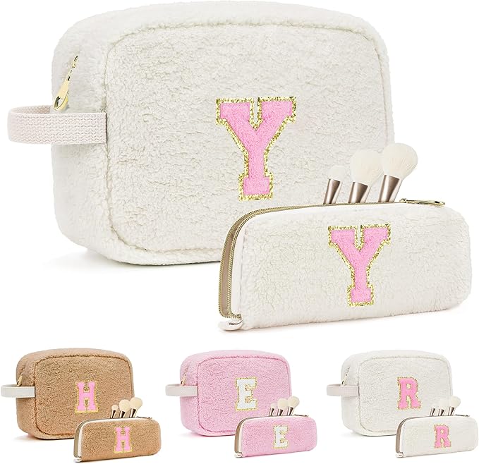ibeacos for Valentines Day Gifts, Travel Makeup Bag for Women, Initial Make Up Bag Set for 6 7 8 9 10 11 12 13 Years Old Kids Tween Girls, Large Cosmetic Skincare Bags for Birthday Gifts, White Y