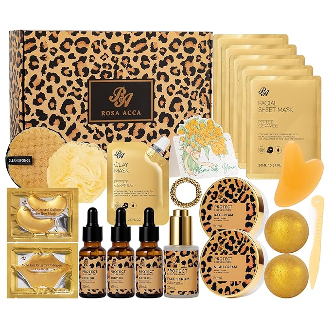 23 Pcs Mother's Day Gift for Mom, Leopard Skin Care Set for Women, Bath and Body Gifts Basket Set, Spa Gift Baskets, Day Cream, Bath Bombs, Serum, Birthday, Christmas, Valentines, Anniversary, Wife