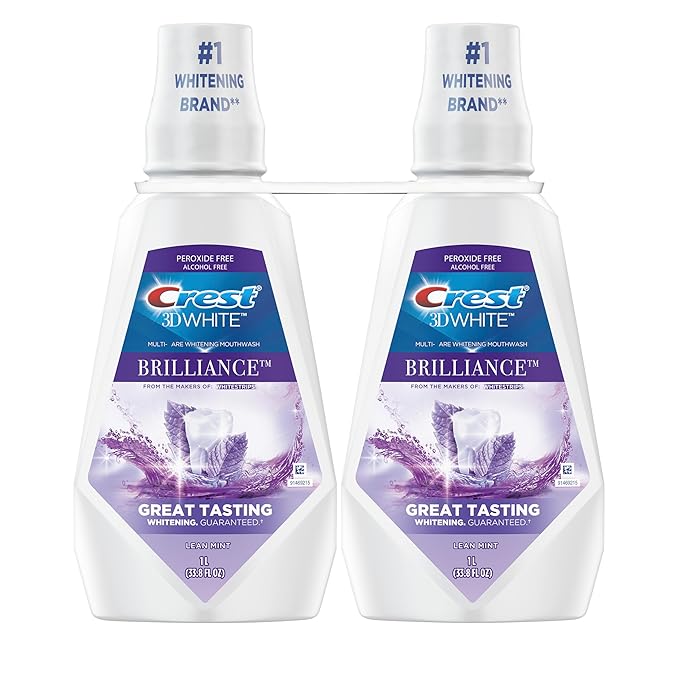 Crest 3D White Mouthwash, Teeth Whitening for Adults, 1L, 2 Pack, Alcohol Free Mouth Rinse, Breath Freshener, Antibacterial, Antiseptic, Bad Breath Treatment, Peroxide Free, Clean Mint