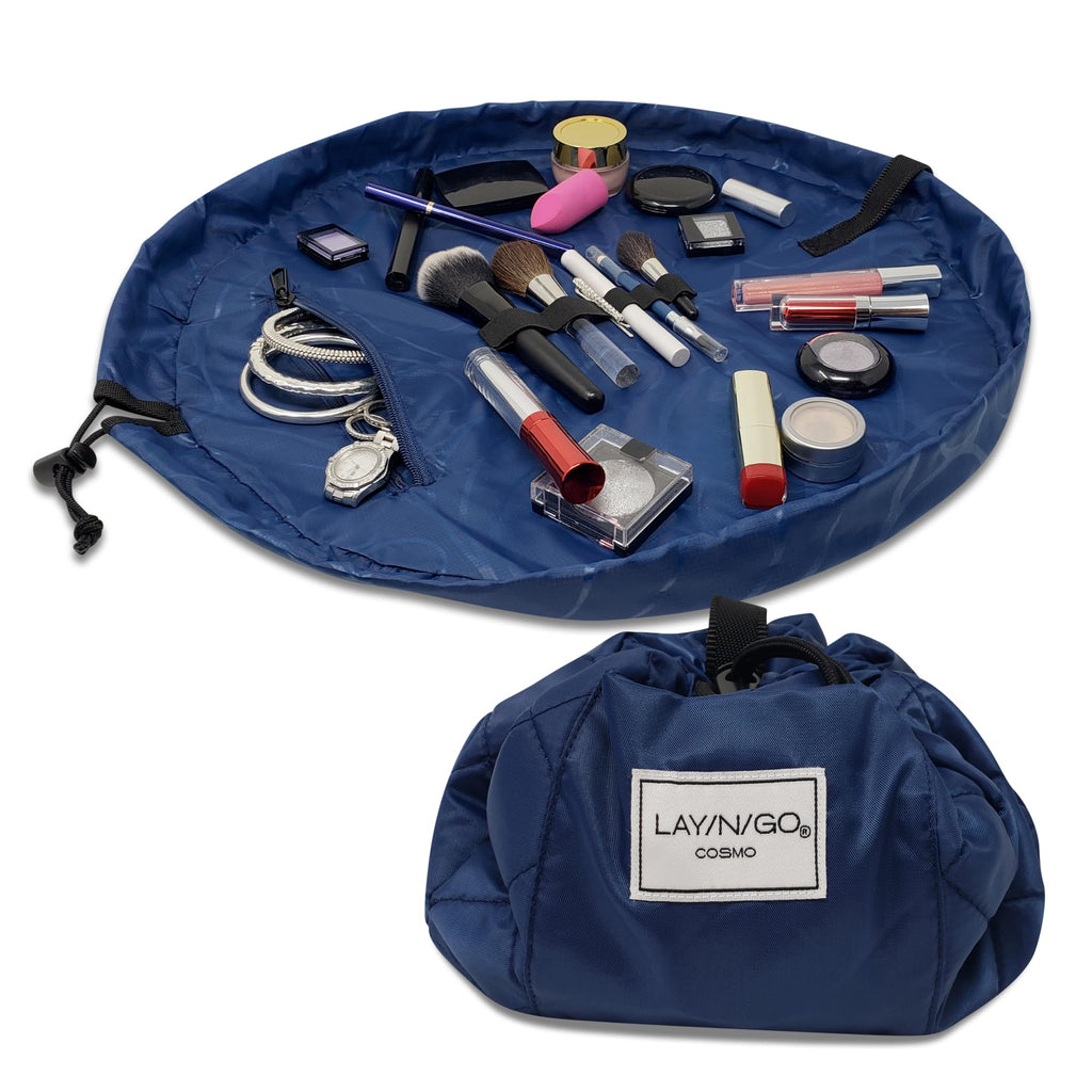Lay-n-Go Cosmo Layflat Drawstring Cosmetic & Makeup Bag Organizer w/Zipper Pocket, Brush Loops & More, Cinch to Close, Lay Flat to Use, Durable, Machine Wash, Travel Toiletry Bag (20", Navy)