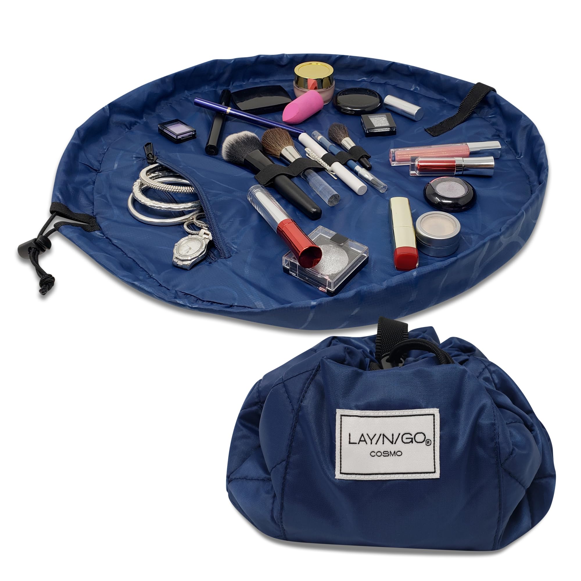 Lay-n-Go Cosmo Layflat Drawstring Cosmetic & Makeup Bag Organizer w/Zipper Pocket, Brush Loops & More, Cinch to Close, Lay Flat to Use, Durable, Machine Wash, Travel Toiletry Bag (20", Navy)