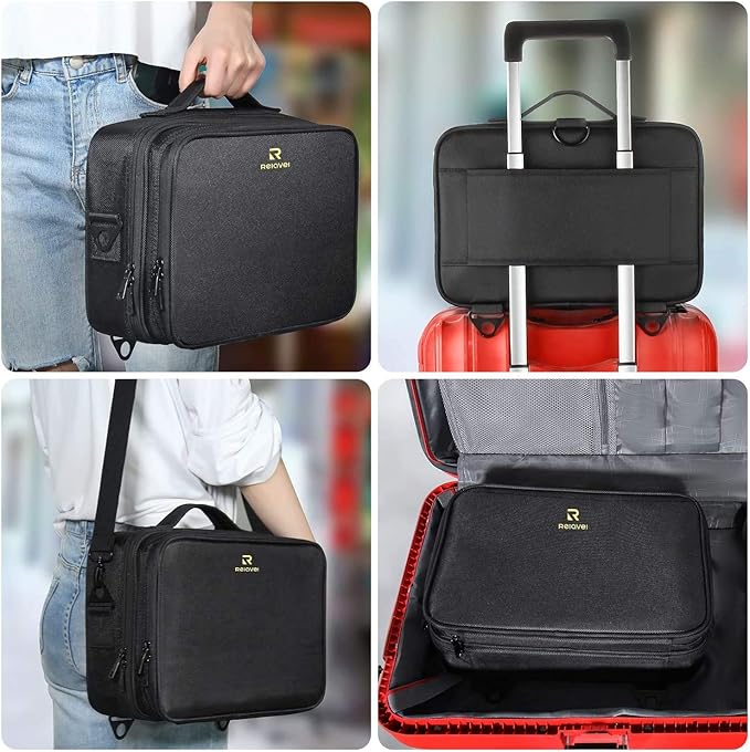 Relavel Makeup Bag Travel Makeup Train Case Large Cosmetic Case Professional Portable Makeup Brush Holder Organizer and Storage with Adjustable Dividers and Shoulder Strap Black