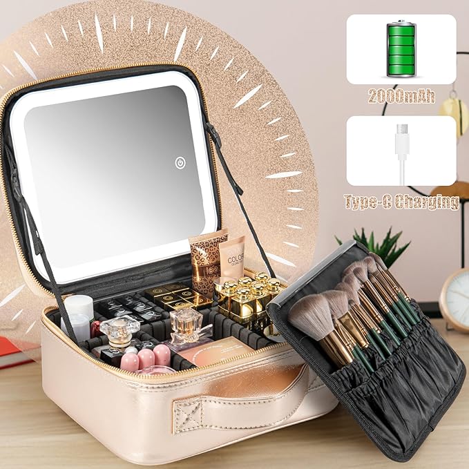 Extrei Gent Makeup Travel Train Case with Mirror LED Light 3 Adjustable Brightness Large Cosmetic Bag Portable Storage Adjustable Partition Waterproof Make up Brushes Makeup Jewelry Gift for Women