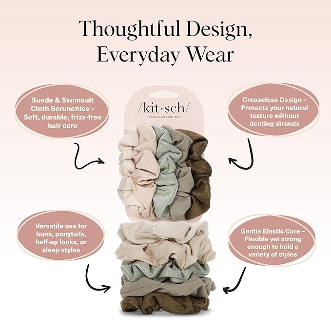 Kitsch Scrunchies for Women - Moss Green, 5 Pcs