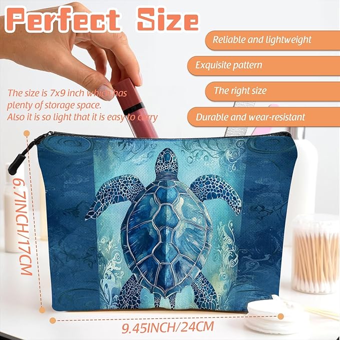 Scribesense Cosmetic Bags Travel Makeup Toilet Case Waterproof Pouch for Women Girls 6.7X9.45inches - Blue Sea Turtle With Ornamental Patterns
