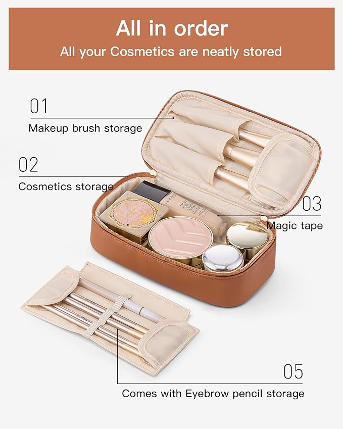 VLANDO Cosmetic Travel Bag with Separate Brush Storage,Brown