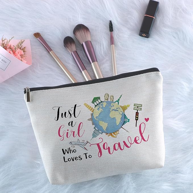 Yegifeyct Travel Lover Gifts Zipper Makeup Bag Travel Cosmetic Bag Just a Girl Who Loves to Travel Unique Birthday Gifts for Women Girl Best Friends Sister