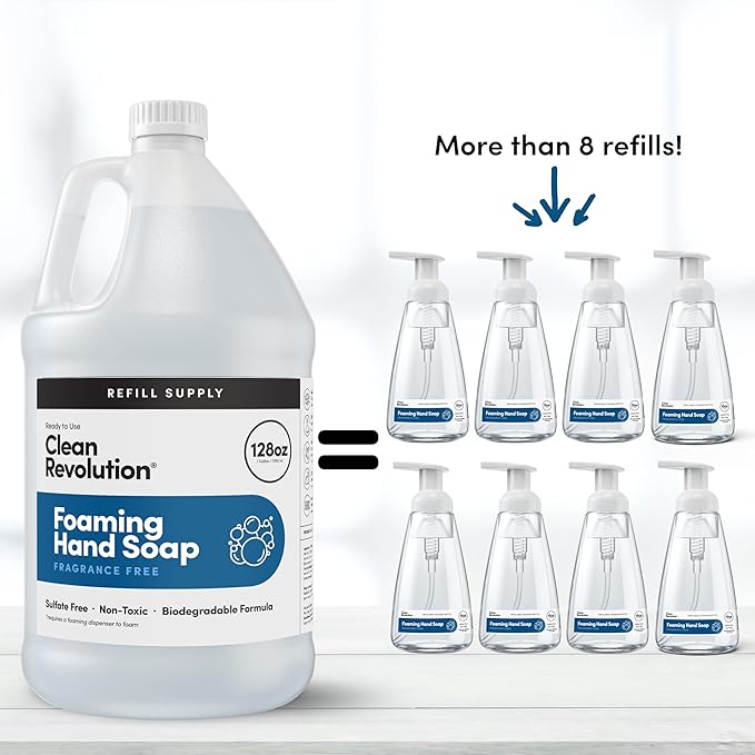 Clean Revolution Fragrance Free Foaming Hand Soap Refill, Moisturizing Sulfate-Free Hand Soap, Ready-to-Use Foam Soap Refill for Kitchen & Bathroom, Unscented (128oz, 4 Pack)