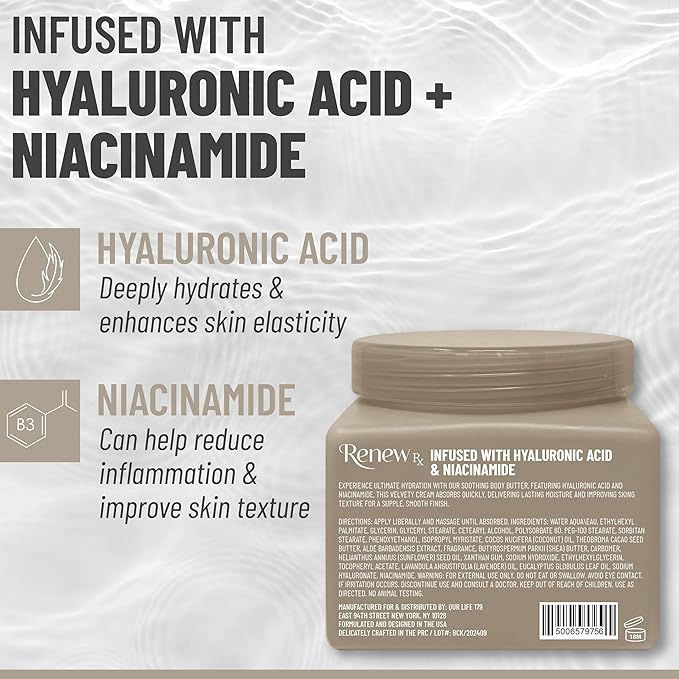 RENEW RX Hyaluronic Acid + Niacinamide Body Butter for Dry Skin, 16 Ounce