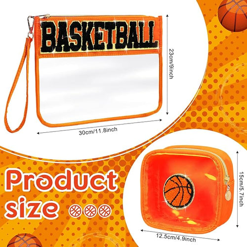 2 Pcs Basketball Gift Bag Girl Basketball Goodie Bag for Snack Treat Candy March Madnesss Clear Makeup Cosmetic Toiletry Purse Chenille Letter Zipper Pouch for Women Sport Mom Essential Accessory