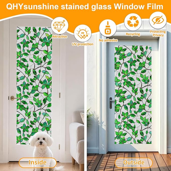 QHYsunshine Window Privacy Film Stained Glass Window Film Frosted Window Film Window clings Non-Adhesive Reusable Decorative for Home Removable(Green Frosted, 35.4 X 78.7 in)