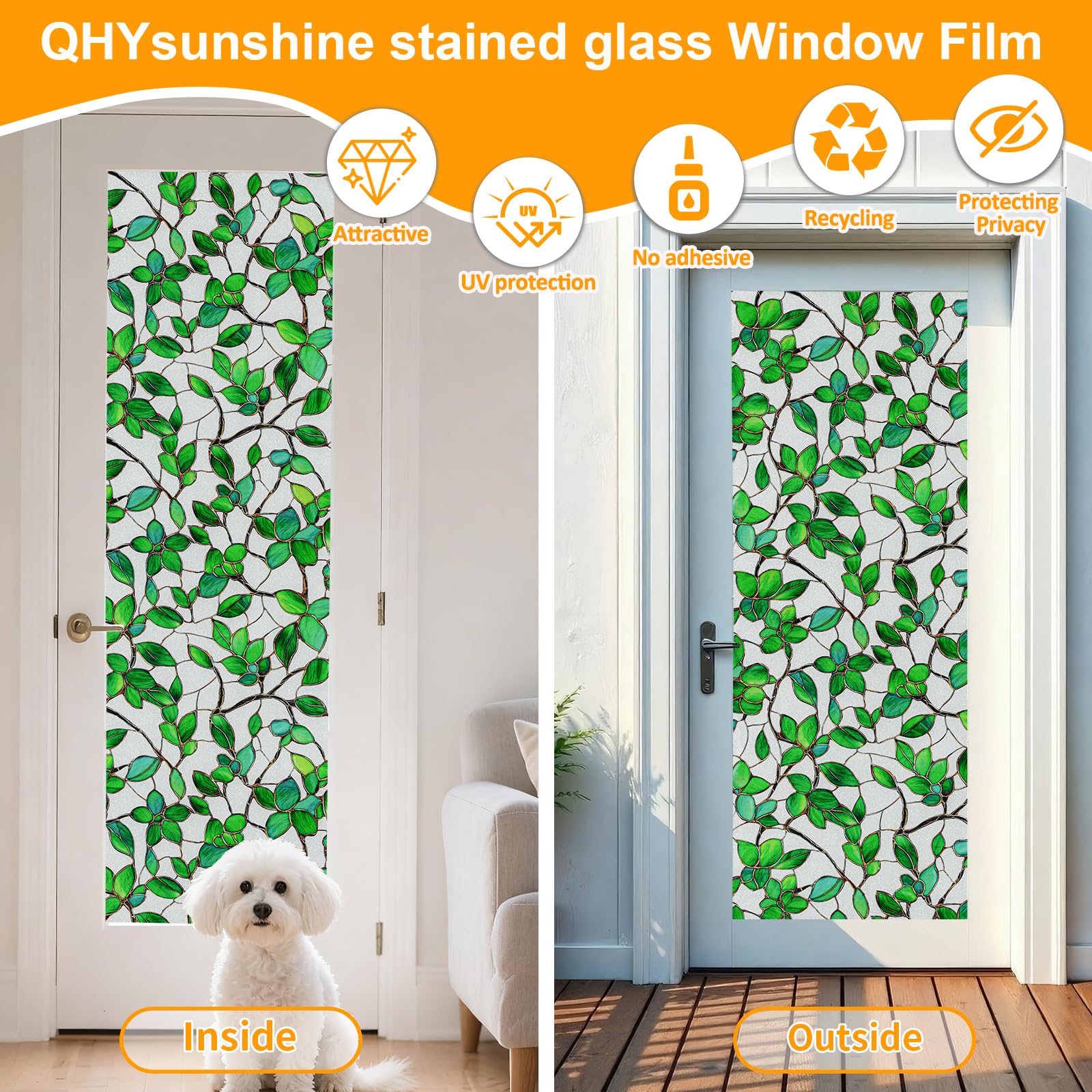 QHYsunshine Window Privacy Film Stained Glass Window Film Frosted Window Film Window clings Non-Adhesive Reusable Decorative for Home Removable(Green Frosted, 17.5 X 157.4 in)
