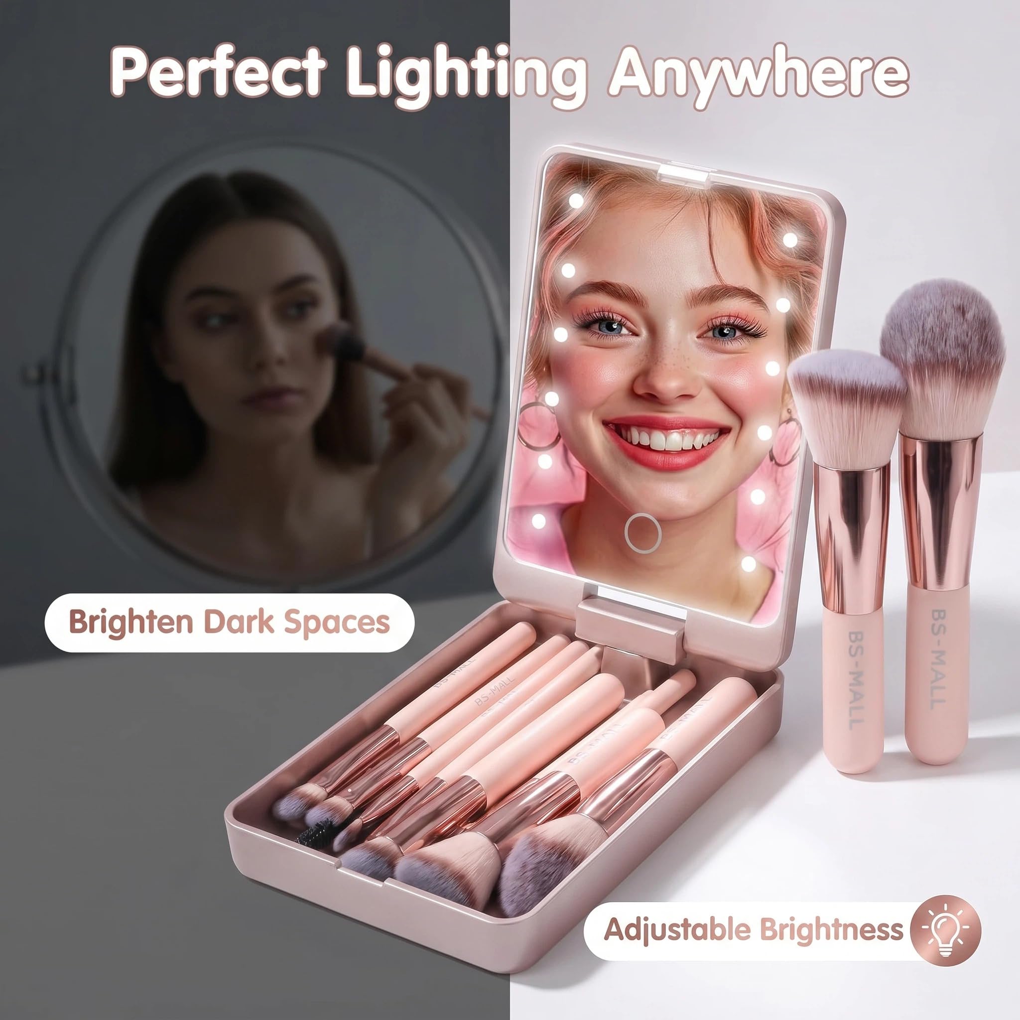 BS-MALL Makeup Brushes Foundation Powder Concealers Eye Shadows Makeup Set with LED light Mirror 14 Pcs Mini Makeup Brushes (APINK)