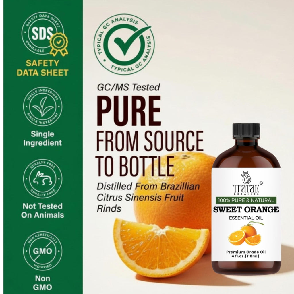 TRATAK ORGANICS 100% Pure Sweet Orange Essential Oil 4 FL OZ – Essential Oil for Citrus Scent, Aromatherapy, Diffuser, Skin, Home Freshener, Therapeutic Grade, Premium Quality with Glass Dropper