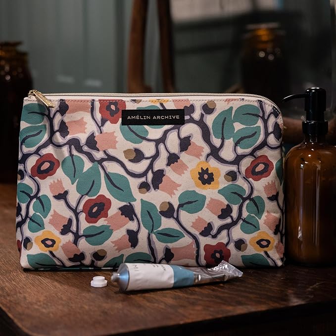 AMÉLIN ARCHIVE Large Canvas Zipper Pouch, Vintage Inspired Pencil Case for Adults, Travel Toiletry Bag, Small Pouch Bag for Supplies, Makeup or Toiletries (Bloomsbury)