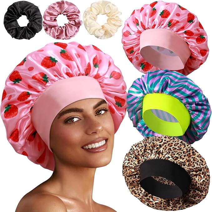 3+3 Large Satin Bonnets with Scrunchies for Women, Wide Band Hair Bonnet for Sleeping Braids Curly Hair, F