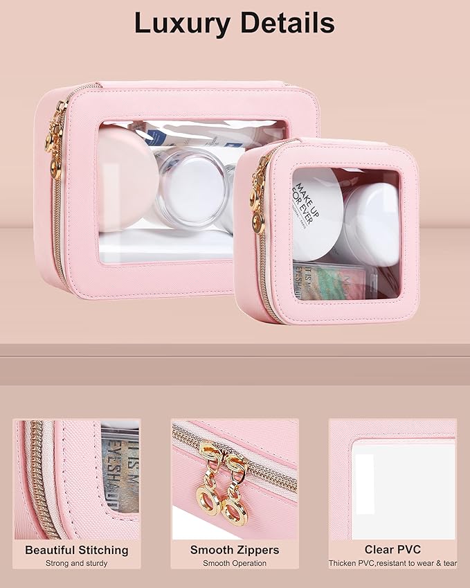 Leather Clear Makeup Bags Set - Travel Clear Cosmetic Bag Case with Zipper, Transparent TSA Approved Toiletry Bags for Travel Essentials Car Accessories for Women (Pink, S+M)
