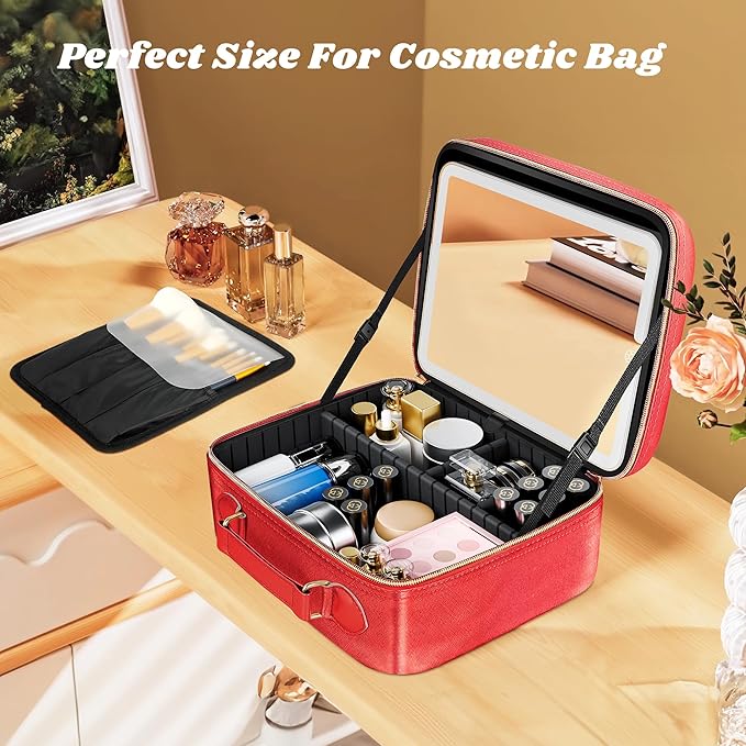 JUSRON Portable Makeup Artist Organizer Bag with Adjustable Dividers, Makeup Brush Holder Storage (Red, Medium)
