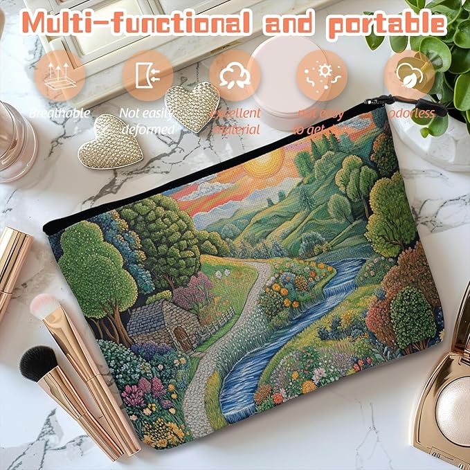 Scribesense Cosmetic Bags Travel Makeup Toilet Case Waterproof Pouch for Women Girls 6.7X9.45inches - Idyllic Country Landscape With Path And Sun