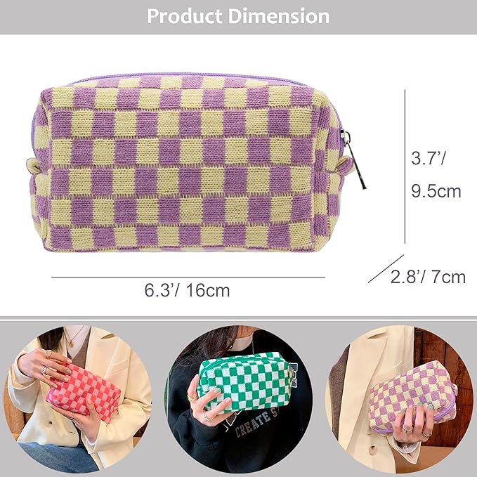 Checkered Makeup Bag for Purse, Small Travel Cosmetic Pouch,Purple,2 Pack
