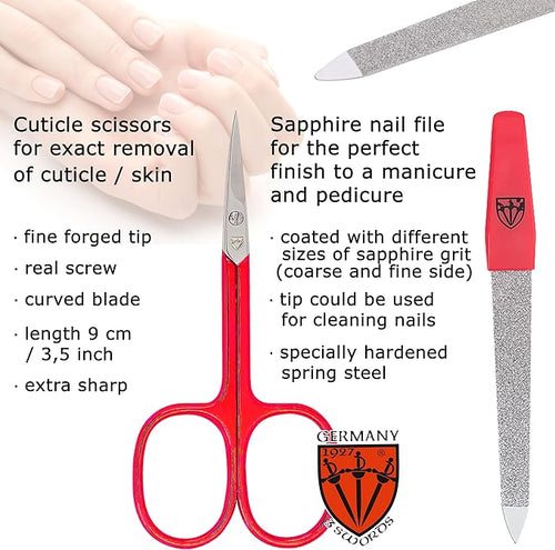 3 Swords Germany - Brand Quality 6 piece Manicure Pedicure Grooming kit Set - Scissors, Metal and Glass Nail File, Clipper, Tweezers with Synthetic Leather case - red/red Tools
