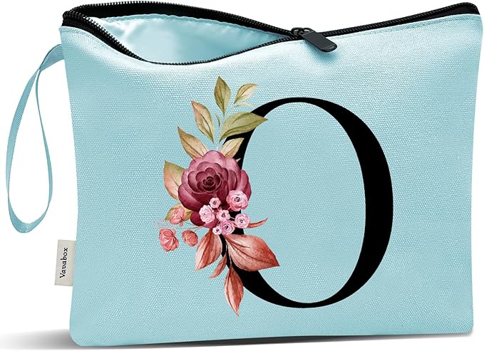 Vavabox A-Z Personalized Makeup Bag, Birthday Gifts for Women Mom, Gifts for Best Friend, Bride Bridesmaid Cosmetic bag (O, Aqua)