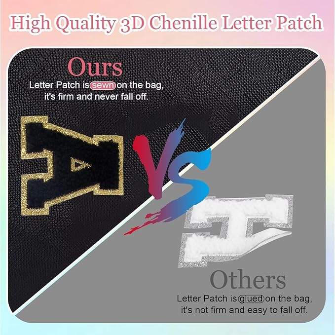 Small Personalized Letter Makeup Bag, Cute PU Leather Chenille Letters Cosmetic Bag Travel Makeup Pouch, Preppy Travel Organizer Zipper Pouch for Women&Girls（Black-E）