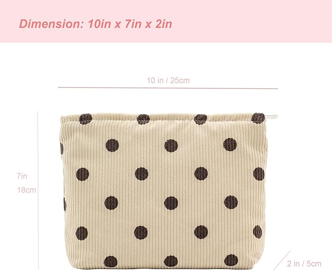 Flat Makeup Bag for Women,Zipper Cosmetic Pouch for Purse,Polka Dot Beige