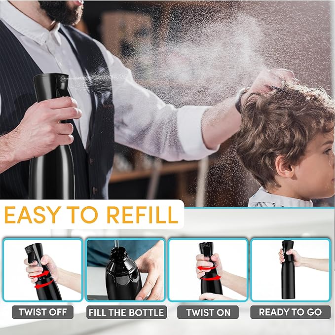 Hula Home Spray Bottle for Hair (20oz/590ml) - Continuous Ultra Fine Mist Sprayer – For Hairstyling, Cleaning, Salons, Plants, Essential Oil & More - Black