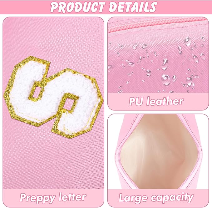 URSKYTOUS Patch Makeup Bag Travel Small Cosmetic Bag Pink PU Makeup Pouch Zippered Personalized Preppy Initial Skin Care Stuff Bag for Women Birthday Gift Teen Girl Gifts Trendy Stuff(S)