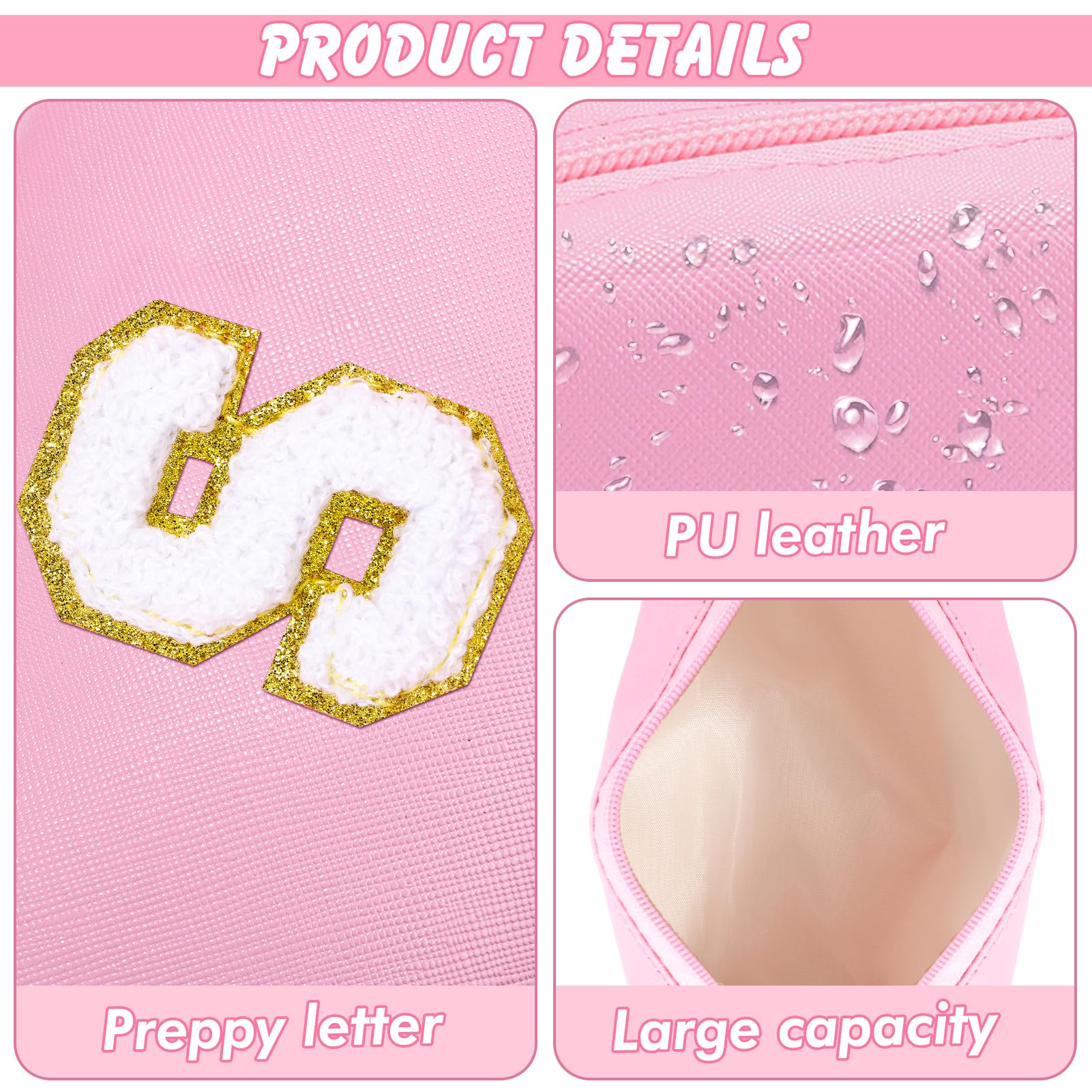 URSKYTOUS Patch Makeup Bag Travel Small Cosmetic Bag Pink PU Makeup Pouch Zippered Personalized Preppy Initial Skin Care Stuff Bag for Women Birthday Gift Teen Girl Gifts Trendy Stuff(S)