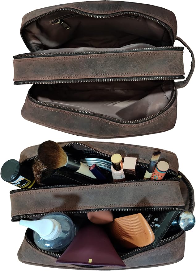 Leather Travel Toiletry Bag for Men, Full Grain Cosmetic Dopp Kit Organizer