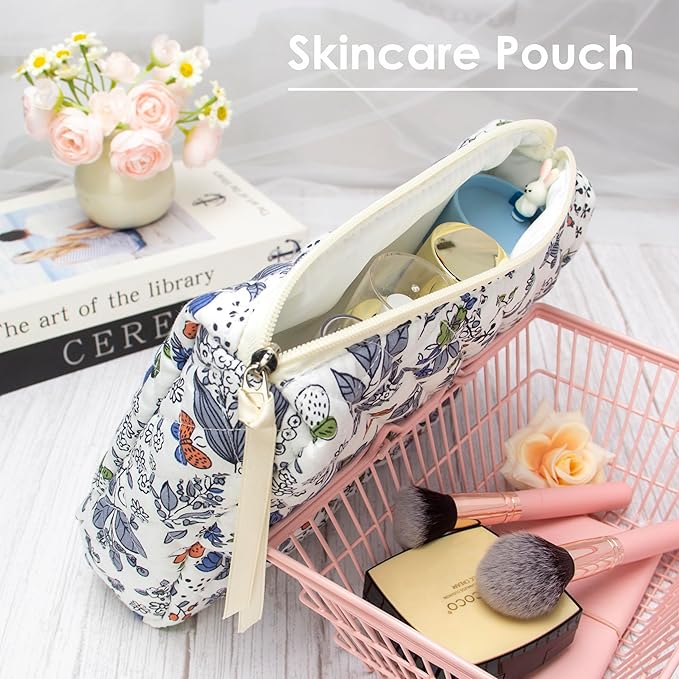 Quilted Makeup Pouch for Women, Travel Cosmetic&Toiletry Bag,Leaf White