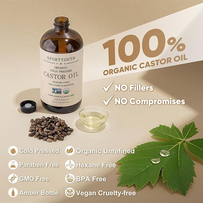 SPORTYOUTH Organic Castor Oil Cold Pressed 32oz Glass Bottle Big Volume