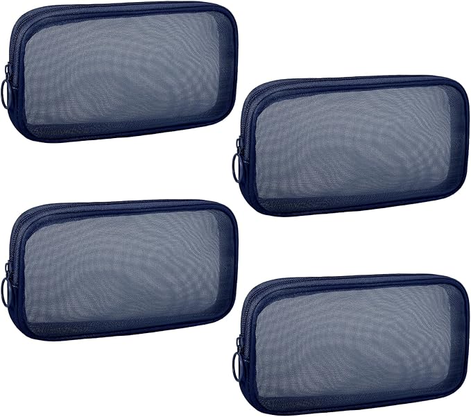 Sinzip 4 Pieces Mini Zipper Nylon Mesh Pouch, Mesh Cosmetic Bags Makeup Bags, Multipurpose Travel Toiletry Bags for Office Supplies and Travel Accessories (Navy Blue, M)