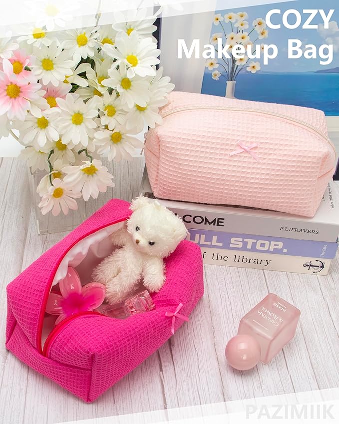 Cozy Makeup Bag for Women,Zipper Cosmetic Pouch,Waffle Hotpink,2 Pack