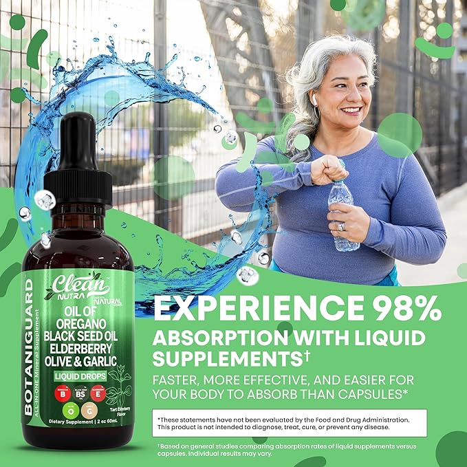Clean Nutra Oil of Oregano Drops Black Seed Oil Elderberry Vitamin D D3 K2 Olive Garlic Immune Support Supplement Zinc Supplements Liquid 2 Fl Oz Vegan