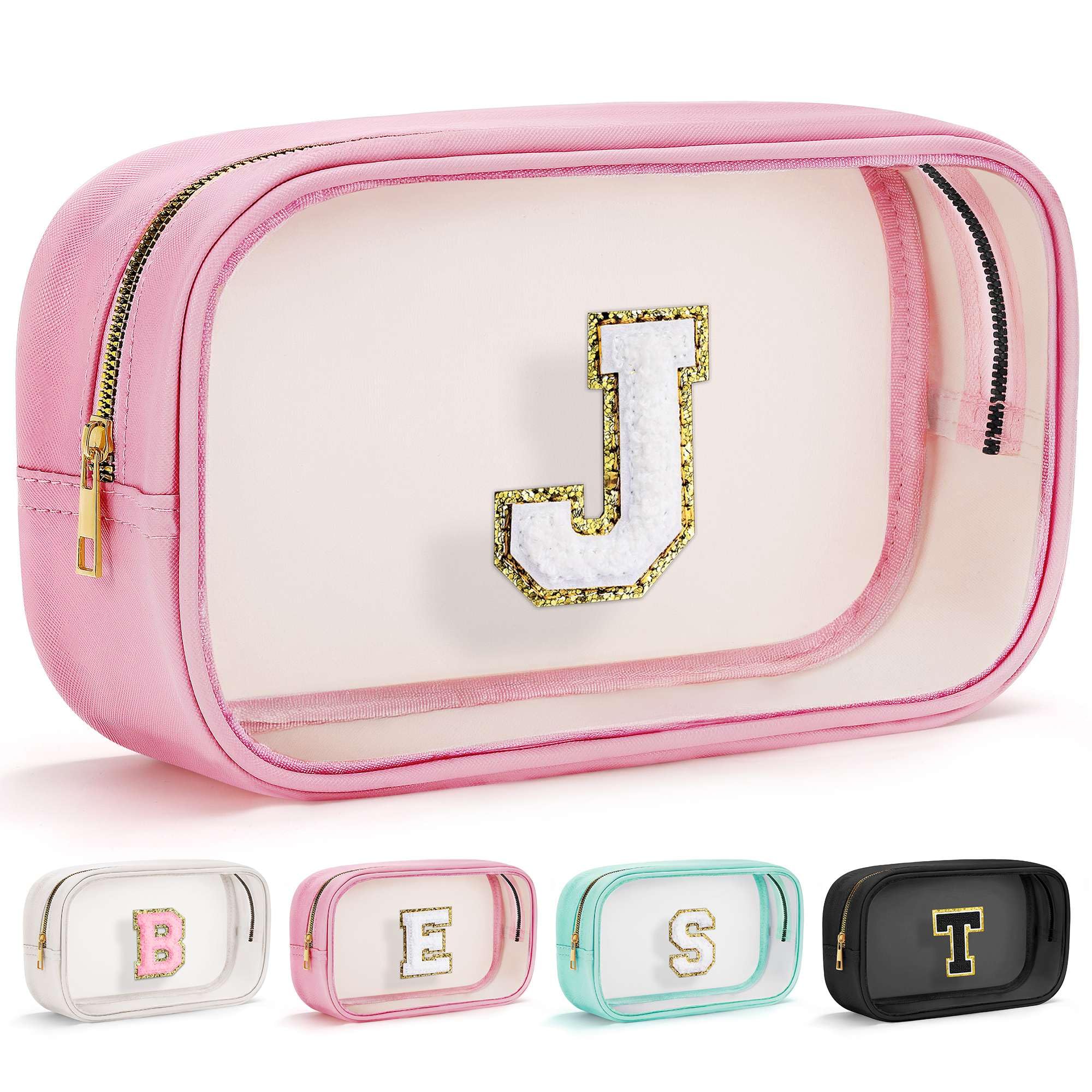 YOOLIFE Initial Clear Makeup Bag Teacher Appreciation Gifts for Teacher Women Initial Travel Essentials Makeup Bag, Clear Beach Toiletry Bag Pouch Cosmetic Bags Case Large Makeup Bags Pink J