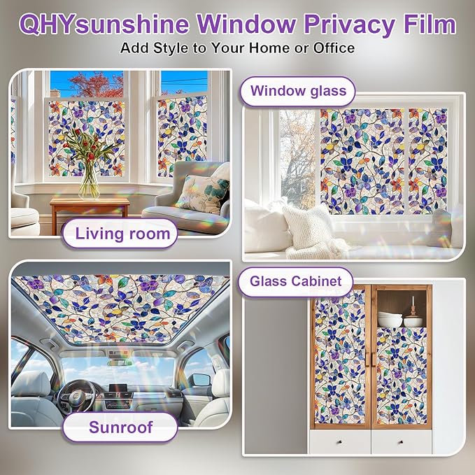 QHYsunshine Stained Glass Window Privacy FilmDecorative Rainbow Static Clings -ldeal for Home &Office,Adhesive-Free,Removable, Uv-Blocking (Purple Rainbow, 17.5 X 157.4 in)