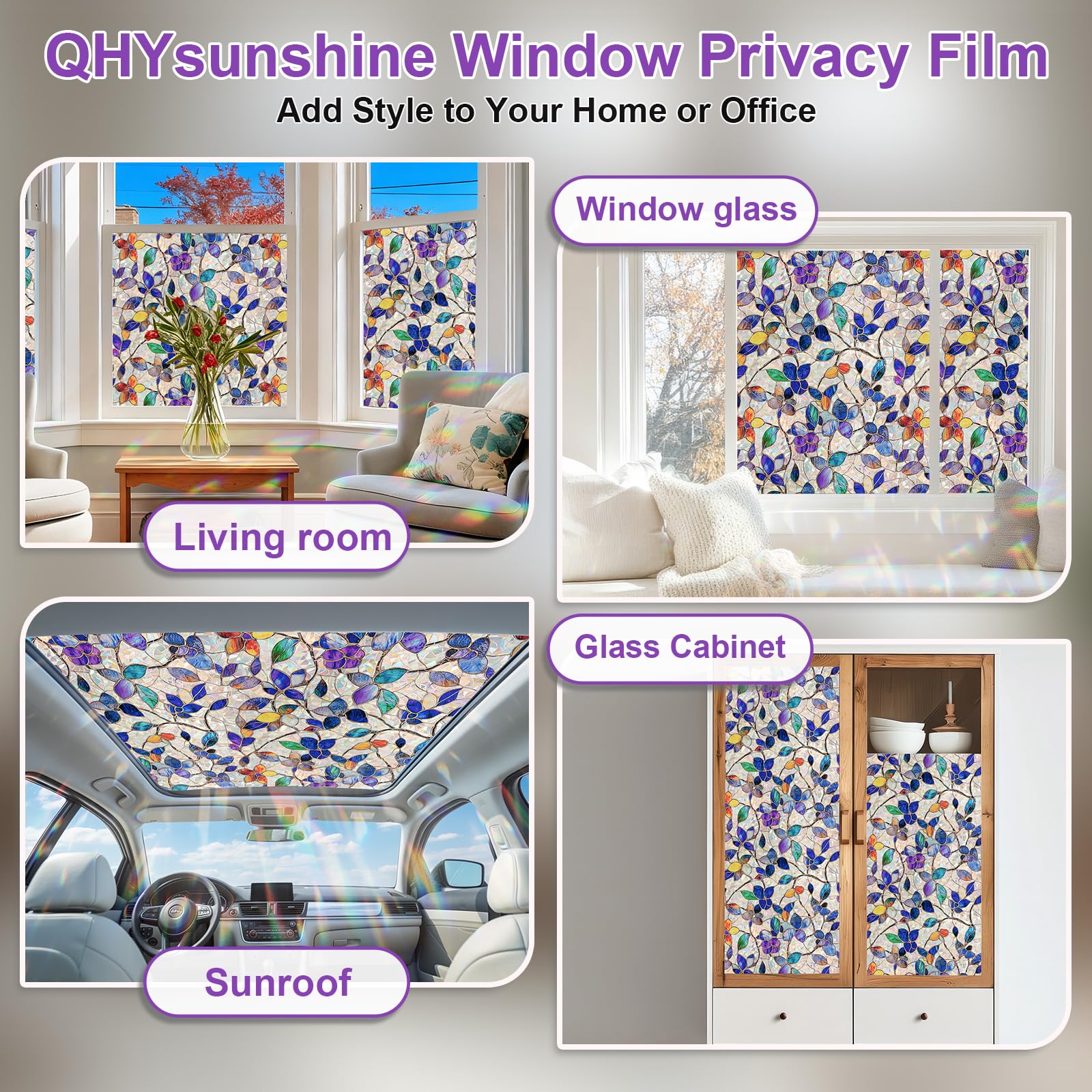 QHYsunshine Stained Glass Window Privacy FilmDecorative Rainbow Static Clings -ldeal for Home &Office,Adhesive-Free,Removable, Uv-Blocking (Purple Rainbow, 45.2 X 157.4 in)