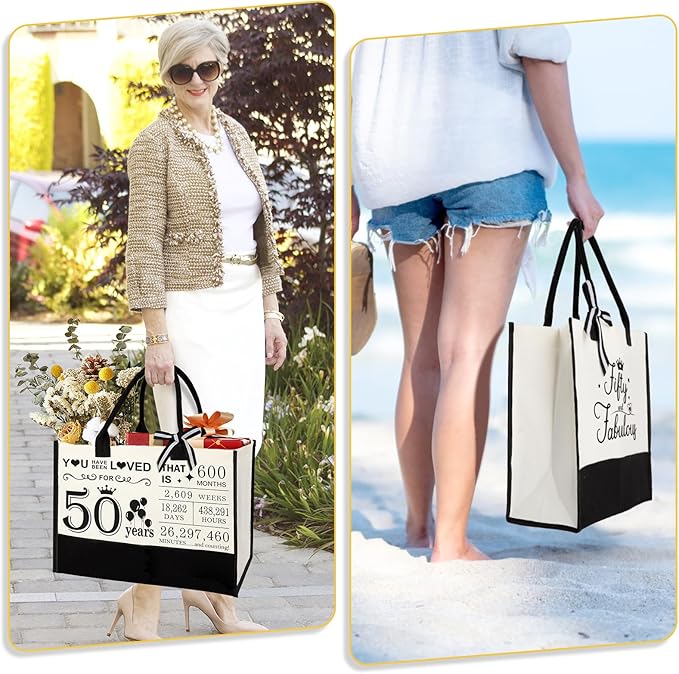50th Birthday Gifts for Women, 50 & Fabulous Canvas Tote Bag and Makeup Bag