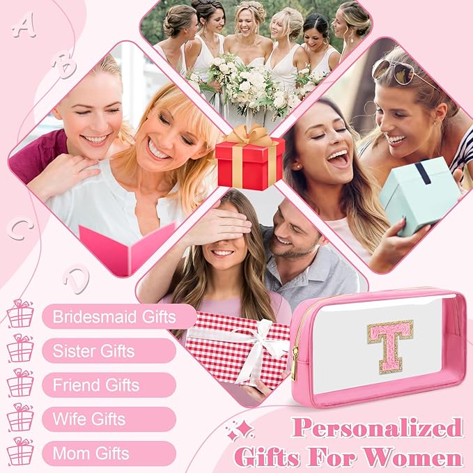 Personalized Initial Letter Clear Makeup Bag,Preppy Small Nylon&PVC Cosmetic Zipper Bag with Chenille Letter,Portable Beach Travel Skincare Toiletry Bag,Trendy Monogram Gift for Teen Girls Women,T