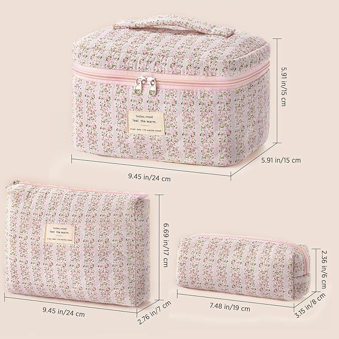HBselect Quilted Makeup Bag, 3Pcs Cotton Large Travel Makeup Bags Organizer
