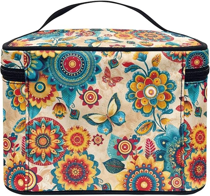 Drydeepin Boho Style Mandala Butterfly Pattern Travel Makeup Bags for Women Portable Tote Cosmetic Case with Carry Handle Toiletry Accessories Storage Organizer Bags