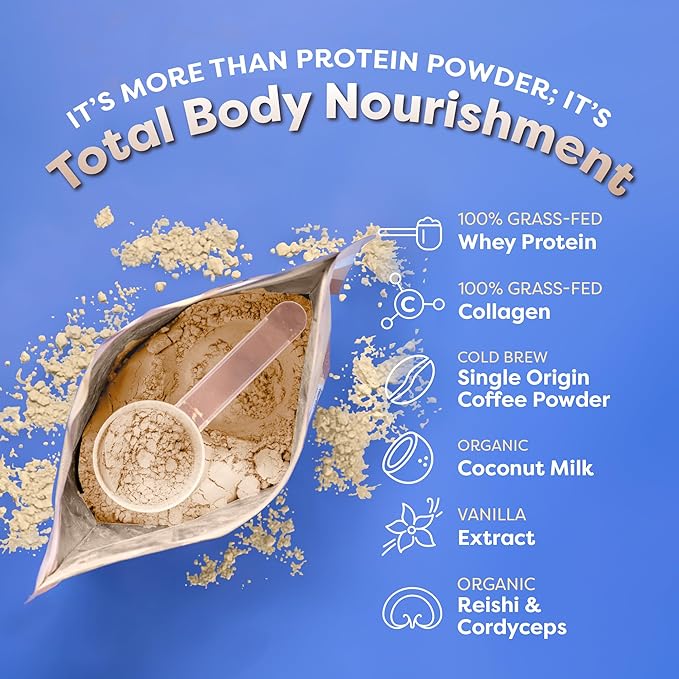 FlavCity All in One Protein Shake Powder, Vanilla Latte - 60mg Caffeine + Collagen Peptides, Reishi & Cordyceps - Focus, Skin, Hair & Joint Support - 100% Grass Fed Whey, 20 Servings