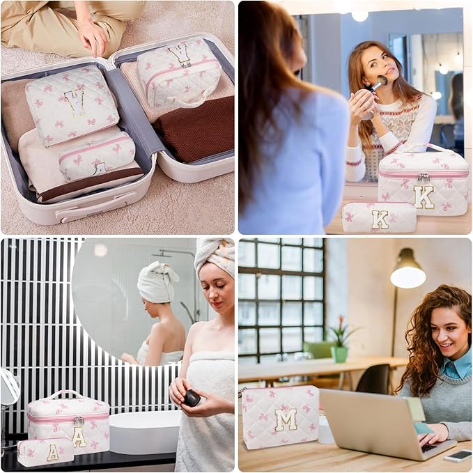 Junesters Initial Makeup Bag Set, Personalized Quilted Makeup Bag, Large Floral Cosmetic Bag for Women, Cute Cotton Custom Make up Bags, Flower Travel Toiletry Bag Teen Girl Gift Pink Butterfly K