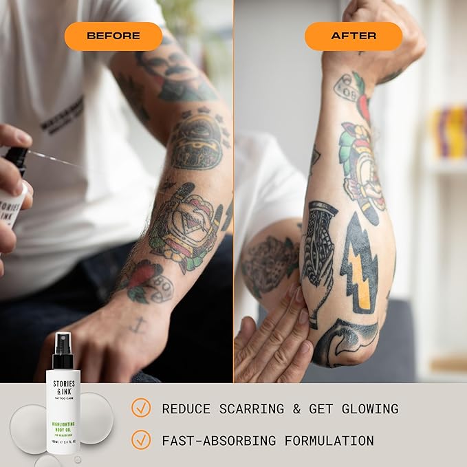 Stories & Ink Highlighting Body Oil for Faded and Healed Tattoos, Refreshes Tattoo Color and Adds Natural Glow, Lightweight Tattoo Care Oil, Vegan, 3.4 Fl Oz / 100ml